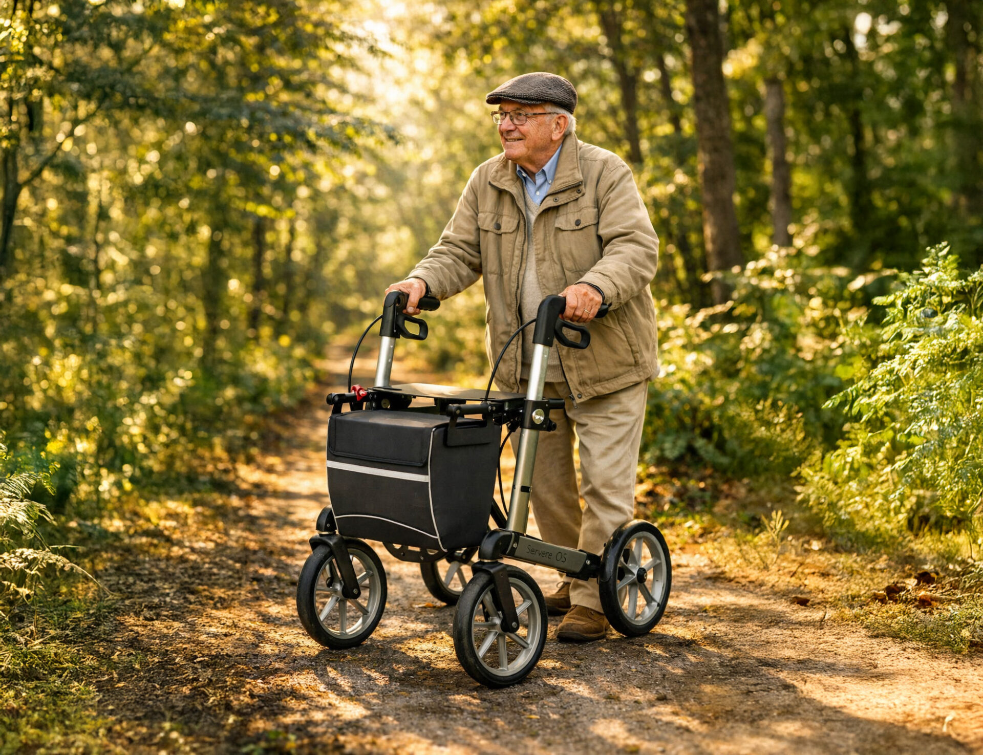 Oudere persoon loopt met Rehasense Server OS rollator op bospad, stabiele en comfortabele rollator voor buitengebruik