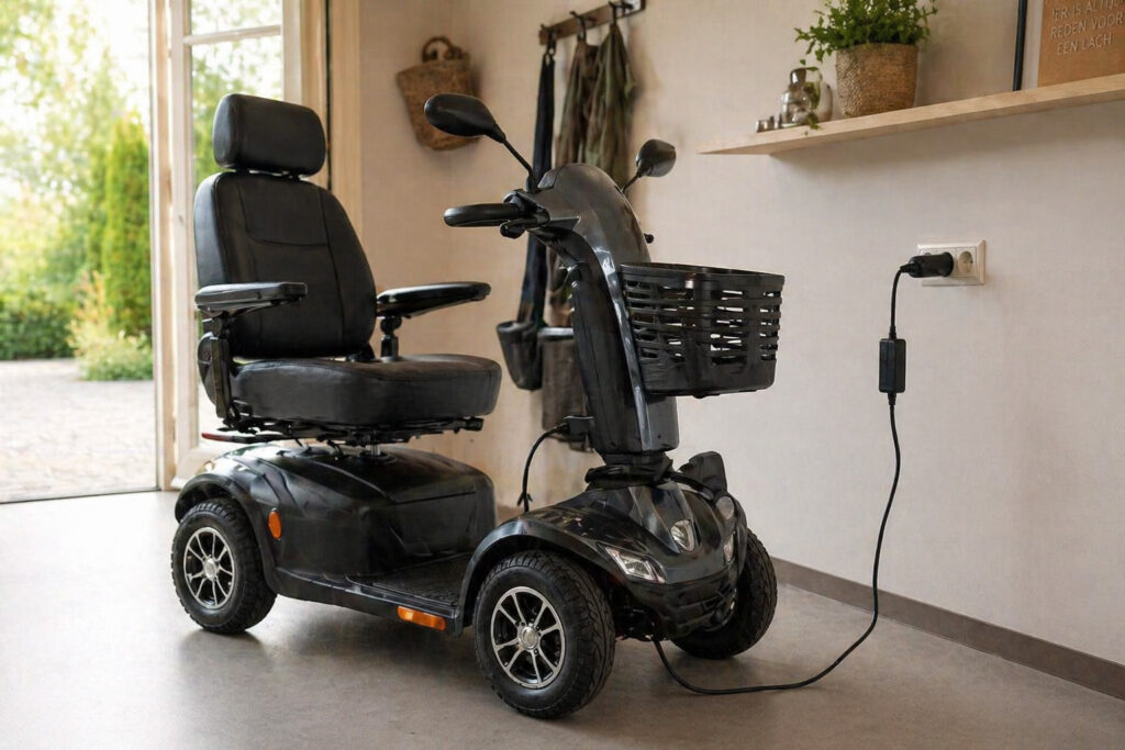 Scootmobiel wordt opgeladen in huiselijke omgeving, correct opladen van scootmobiel accu voor langere levensduur