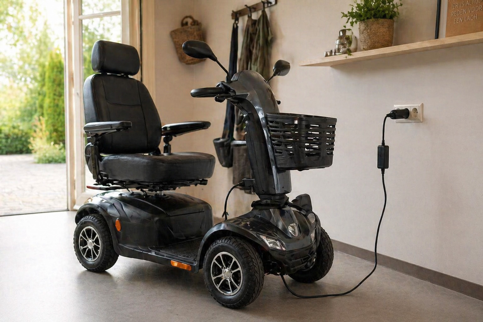 Scootmobiel wordt opgeladen in huiselijke omgeving, correct opladen van scootmobiel accu voor langere levensduur