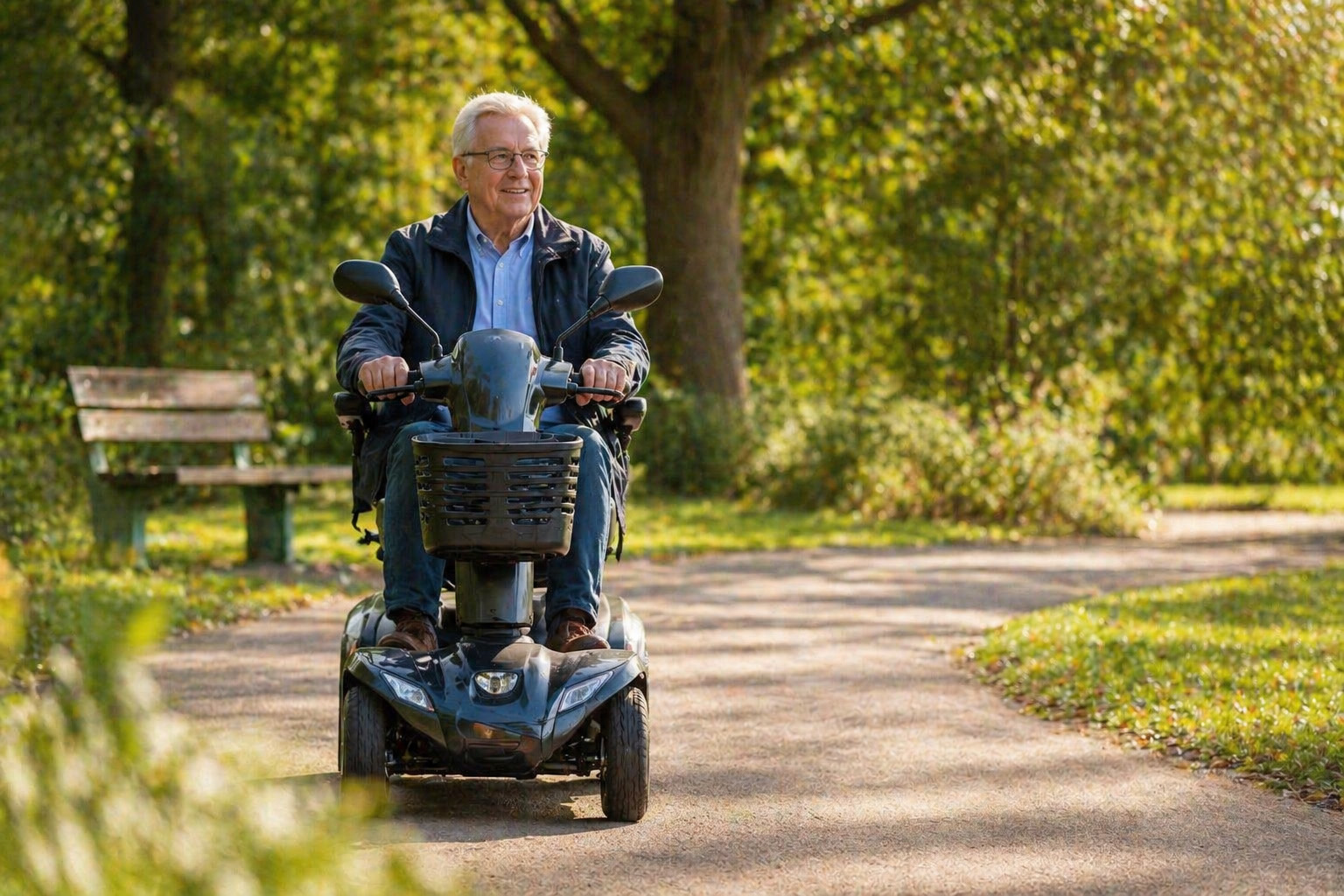 Oudere persoon rijdt ontspannen op scootmobiel in park, comfortabel en zelfstandig onderweg