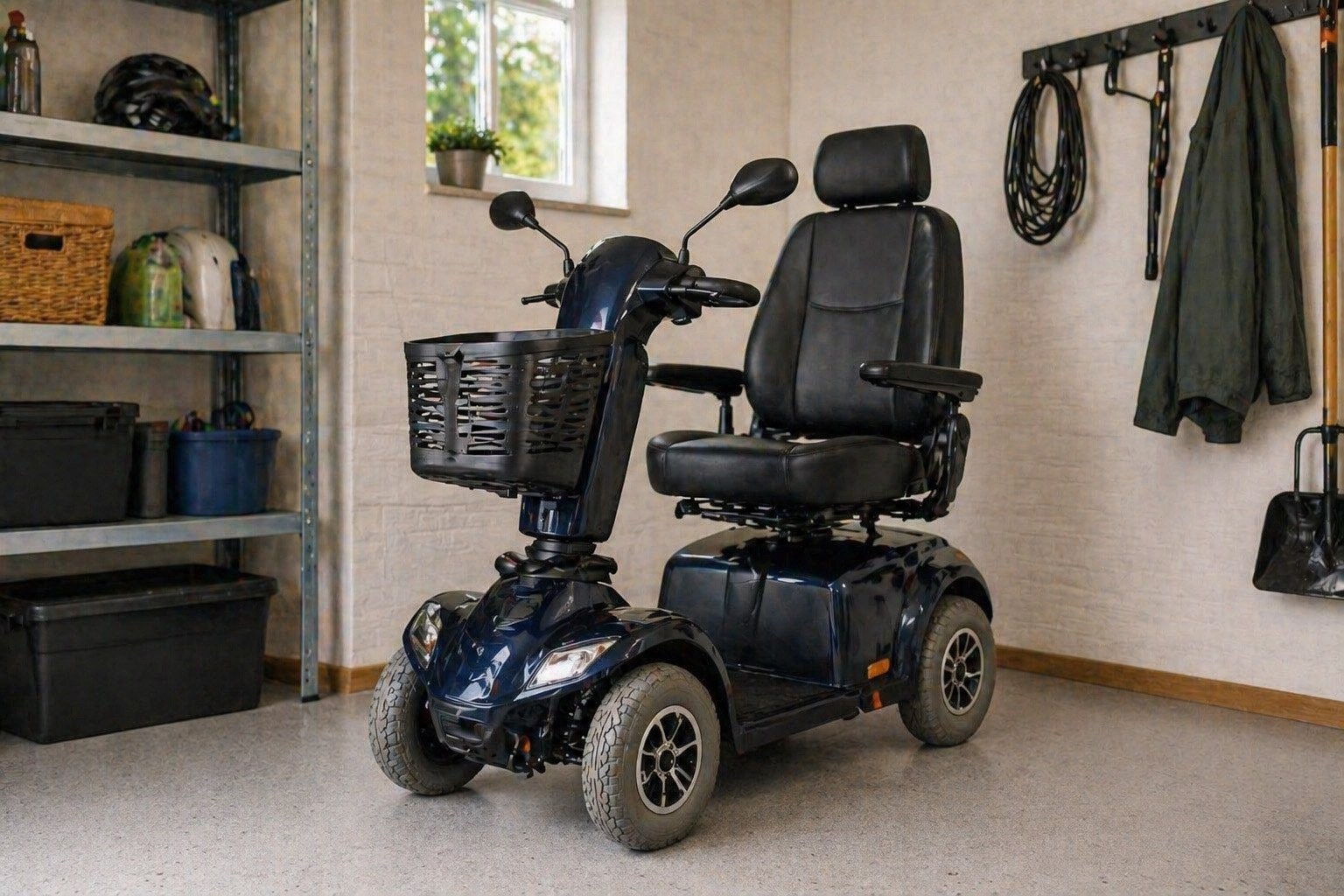 Scootmobiel netjes opgeslagen in droge garage, correct onderhoud voor langere levensduur van de accu